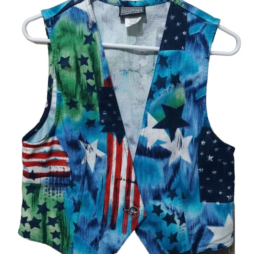 Patriotic Vest US Flag Vintage Roughrider Brand Sz M Cowboy Western Parade